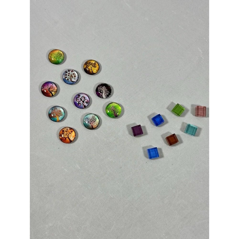 Lot (17) Magnets - 10 Colorful Tree Magnets & 7 Glass Square Magnets